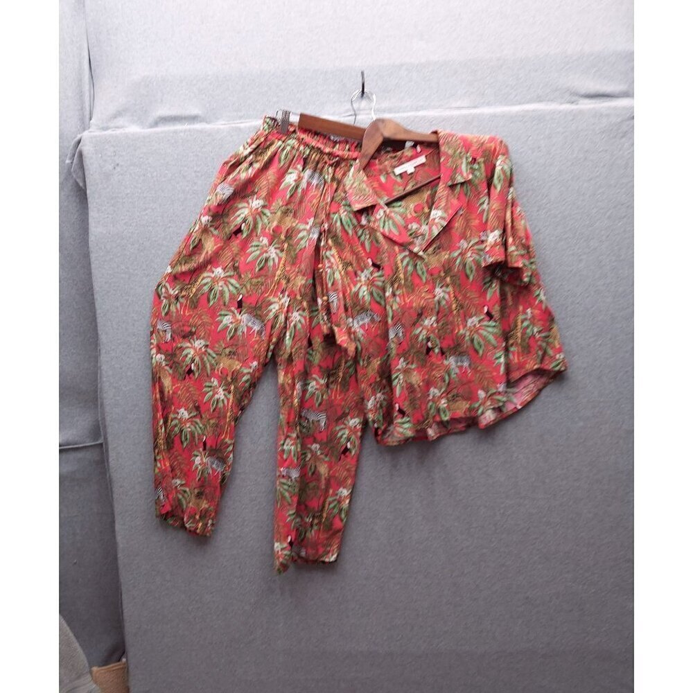 Jane + Delancey Womens Red Tropical Print Button-Up Shirt & Elastic Waist Pants